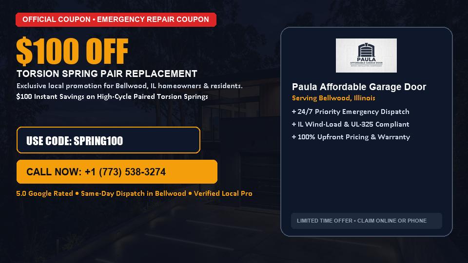 $100 OFF Dual High-Cycle Torsion Spring Replacement in Bellwood, IL - Paula Affordable Garage Door