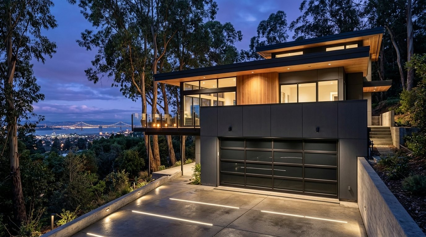 Paula Affordable Garage Door Exterior Closed Garage Door at Twilight